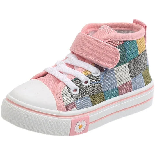 Baskets juniors colorées avec motifs en damier et fermeture velcro pour enfants